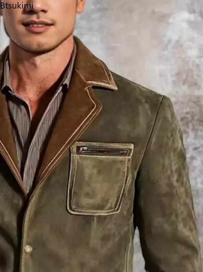 Hommes Vintage Patchwork revers boutonné vestes mode poches velours veste manteau
