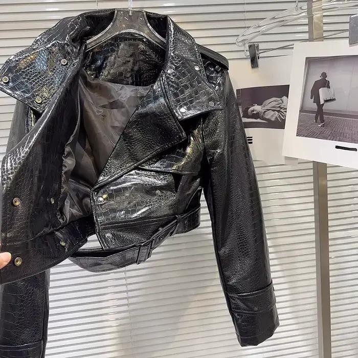 Veste courte en cuir PU KUCLUT avec col rabattu et patch-work pour femmes style moto et occasions spéciales