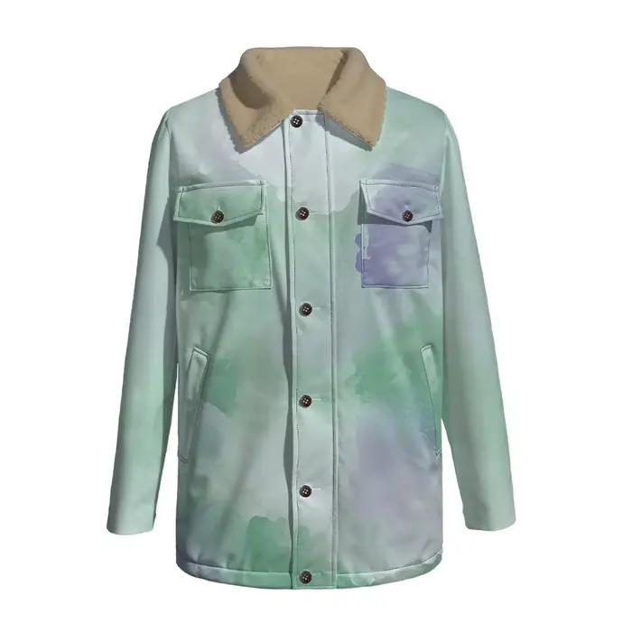 Veste dégradée aquarelle sérène avec col en fausse peau de mouton en peluche unisexe abstrait Nature imprimé manteau boutons vêtements d'extérieur d'hiver