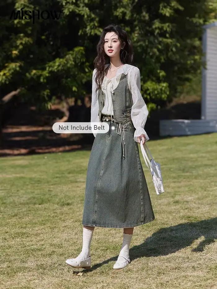 MISHOW Denim gilet manteau jupe Midi séparément pour les femmes printemps 2025 coréen rétro lavé coton