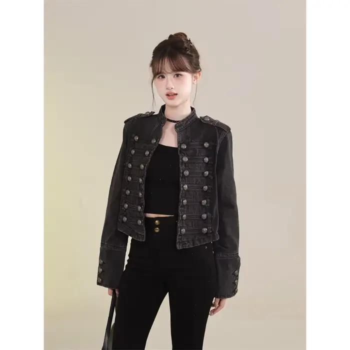 Vêtements pour femmes manteau court nouvelle veste en jean rétro bouton conception mince col montant manches longues