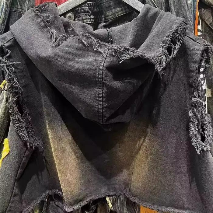 Veste en Jean Délavé Rétro Américain pour Femme, Manteau Court Sans Manches à Capuche, Haut de Gamme