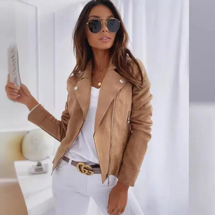 Femmes 2025 nouveau solide Bomber vestes revers cou manches longues femme élégance Chic décontracté hauts en daim Vintage recadrée manteaux