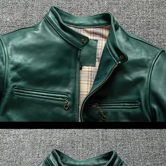 Veste d'hiver en cuir vert pour hommes, Style Vintage, grande taille 5XL, véritable cuir de cheval épais naturel, col montant, manteau en cuir ajusté, occase pour hommes, automne et hiver, design élégant, fermeture éclair, polyester, confort optimal