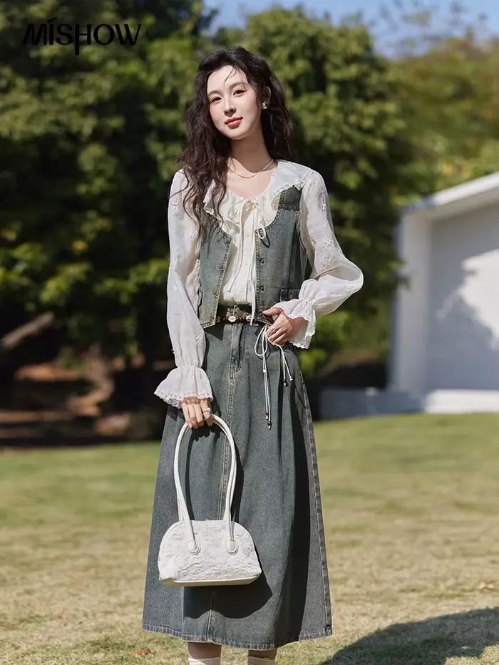 MISHOW Denim gilet manteau jupe Midi séparément pour les femmes printemps 2025 coréen rétro lavé coton