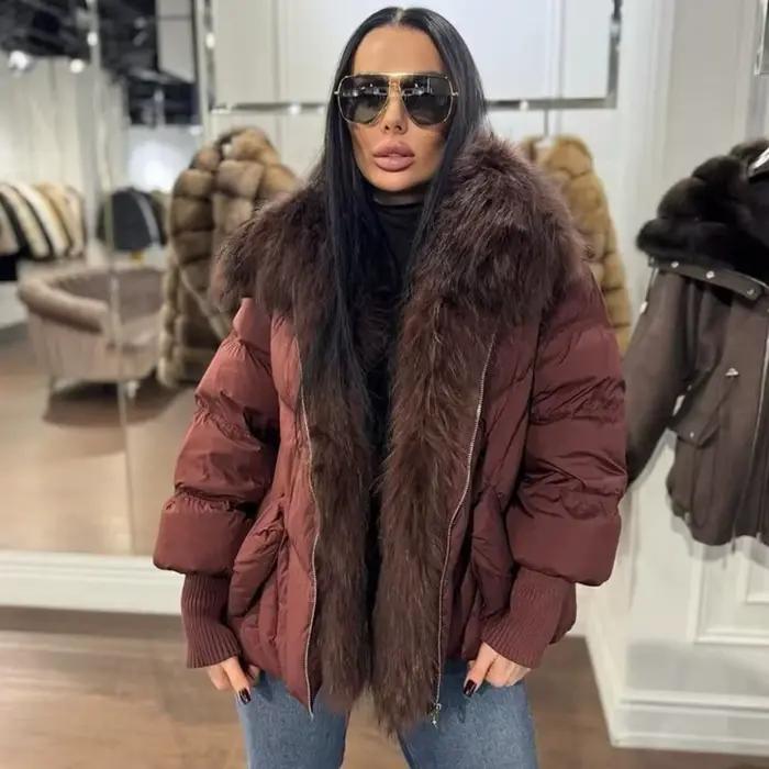 OFTBUY Nouveau Manteau d'hiver en fourrure de renard et de raton laveur véritable, grand modèle, pour femme, parka en duvet de plumes surdimensionnée, manches en tricot, veste en duvet de canard pour