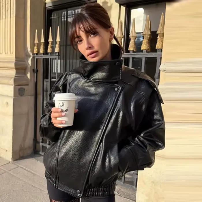 HXAO nouveauté femmes Bomber veste en cuir noir vestes recadrée surdimensionné vêtements d'extérieur fermeture éclair à