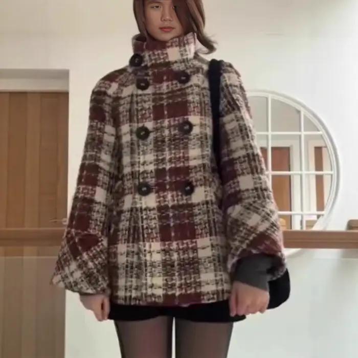 Femme manteaux d'hiver élégant chaud Plaid col montant poche manteau mode manteaux amples polyvalent décontracté femme veste nouveaux vêtements d'extérieur