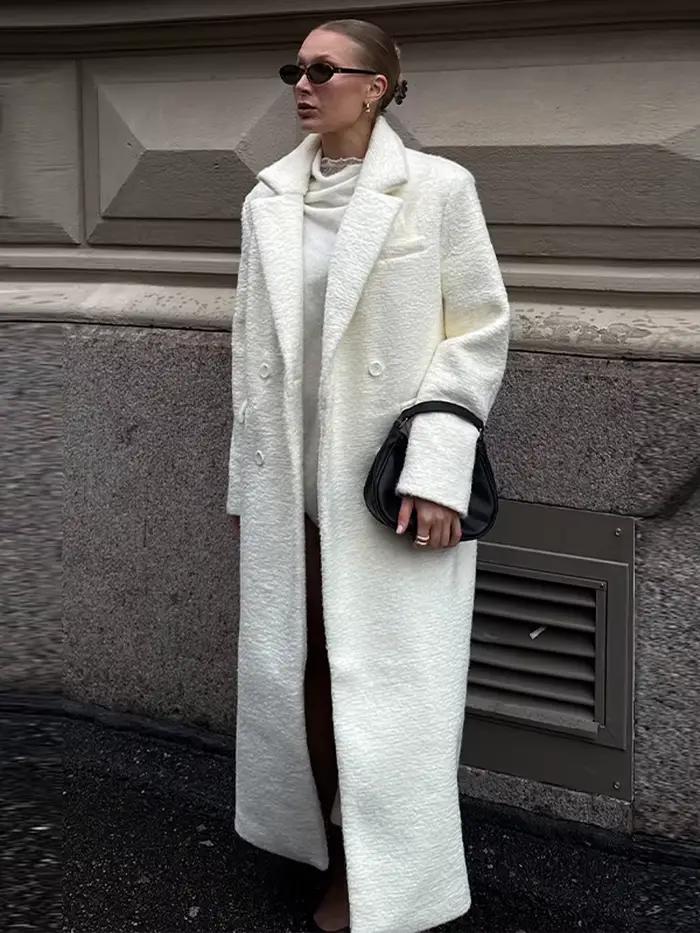 Manteau Femme Luxe Automne Hiver Polyester Lin Lache Col Rabattu Bouton Double Fermeture Occasions Formelles Informelles