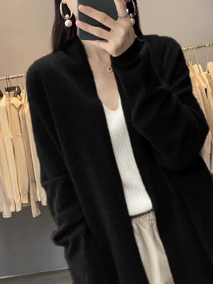 Femmes 100% laine mérinos manteau Cardigan à manches longues pull automne hiver couleur unie ample chaud tricots mode femme longue Coa