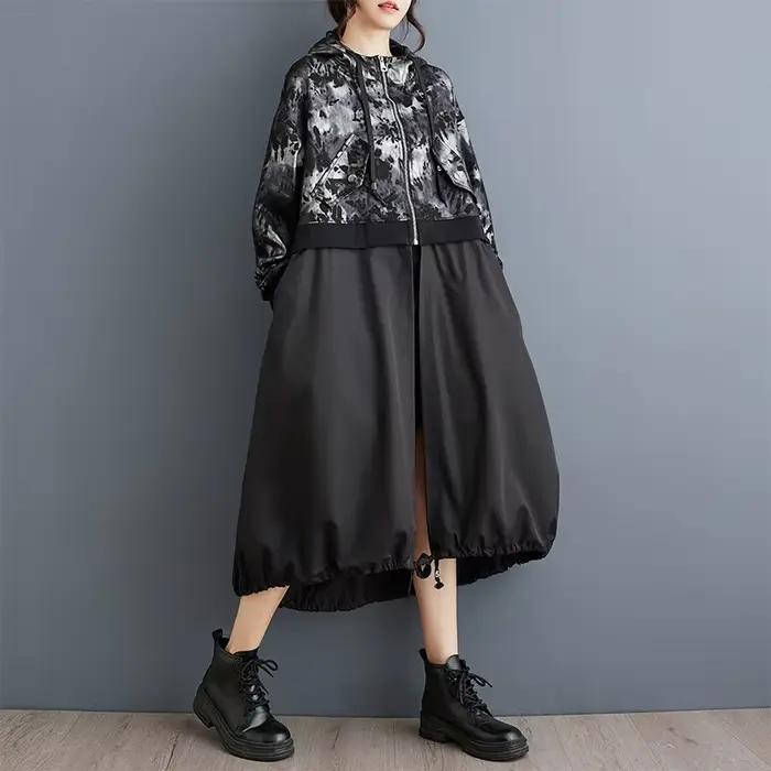 Trench-coat surdimensionné à manches longues pour femmes, noir, vintage, décontracté, ample, automne printemps, vêtements d'extérieur, 2025
