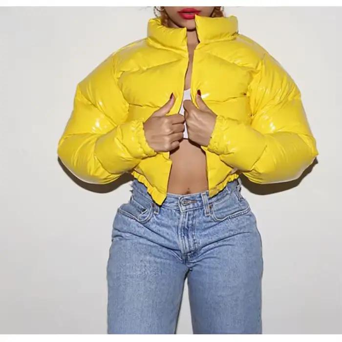 Puloru-Vestes matelassées métalliques brillantes pour femmes, manches longues, fermeture éclair, col montant, bulle courte, combinaison de duvet, parkas matelassées, hiver