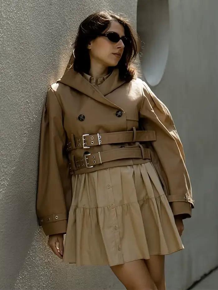 Veste courte à capuche avec Double ceinture pour femmes