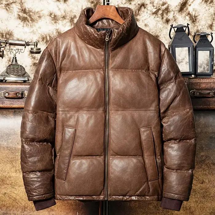 Noir hiver en cuir doudoune hommes Style décontracté grande taille 5XL véritable naturel épais en peau de mouton chaud col montant en cuir manteau