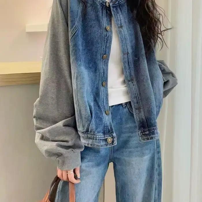 Faux deux-pièces assemblés Veste en jean pour femme, style européen, nouvelle collection printemps 2025, hauts amples et tendance pour femme