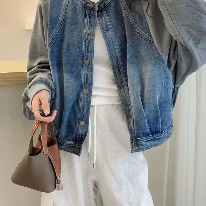 Faux deux-pièces assemblés Veste en jean pour femme, style européen, nouvelle collection printemps 2025, hauts amples et tendance pour femme