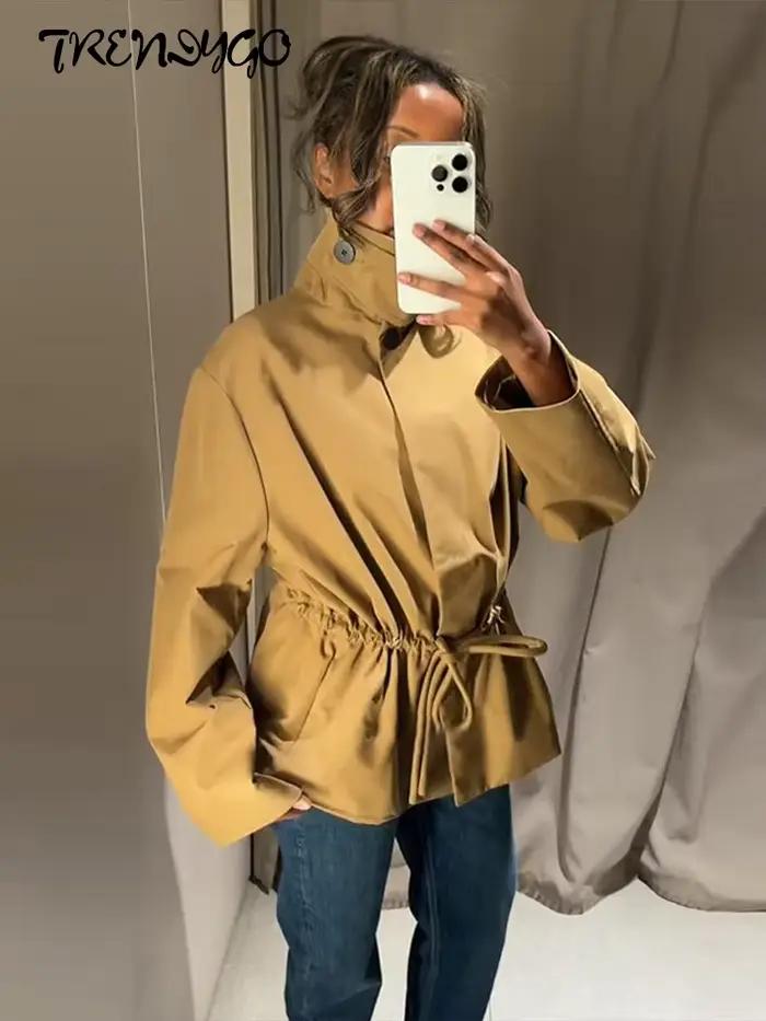 Veste bombardier ample avec cordon de serrage pour femme, Trench-Coat cintré à la taille, revers, manches longues, manteaux solides, nouveaux vêtements d'extérieur, automne 2025