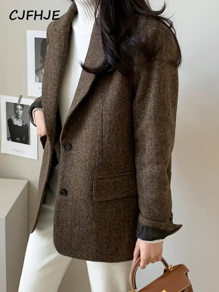CJFHJE-Blazer en Laine Grise pour Femme, Veste Élégante à Simple Boutonnage, Poches, Tenue de Bureau, Col Cranté, Optique, Automne Hiver