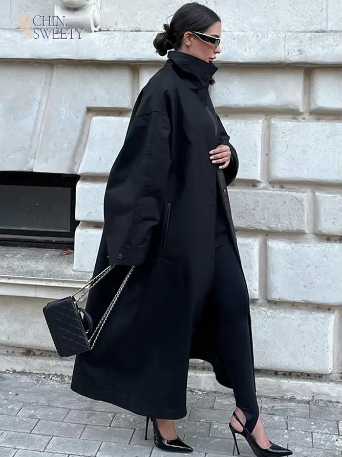 Trench-Coat noir à col montant pour femme, coupe-vent ample à manches longues, simple boutonnage, à la mode, vêtements d'extérieur de rue, automne 2025