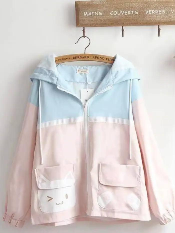 Xgoth japon doux fille veste ample automne Kawaii chat oreille à capuche Cardigan frais mignon chat poche haut Preppy couleur correspondant manteau