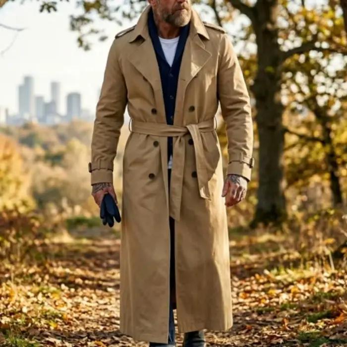 Nouveau Trench-coat pour homme, printemps automne, randonnée en plein air, coupe-vent à double boutonnage ; Veste coupe-vent décontractée extra-longue pour homme