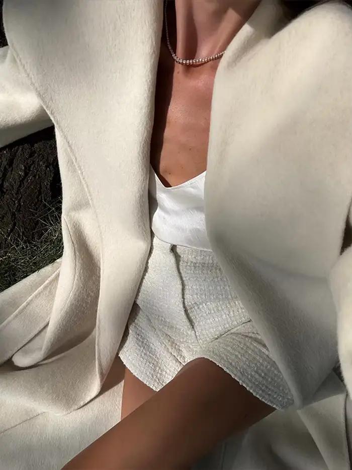 Élégant grand col Long manteau femmes rétro Chic lâche châle Tweed manteaux avec ceinture femme 2025 hiver décontracté rue vêtements d'extérieur