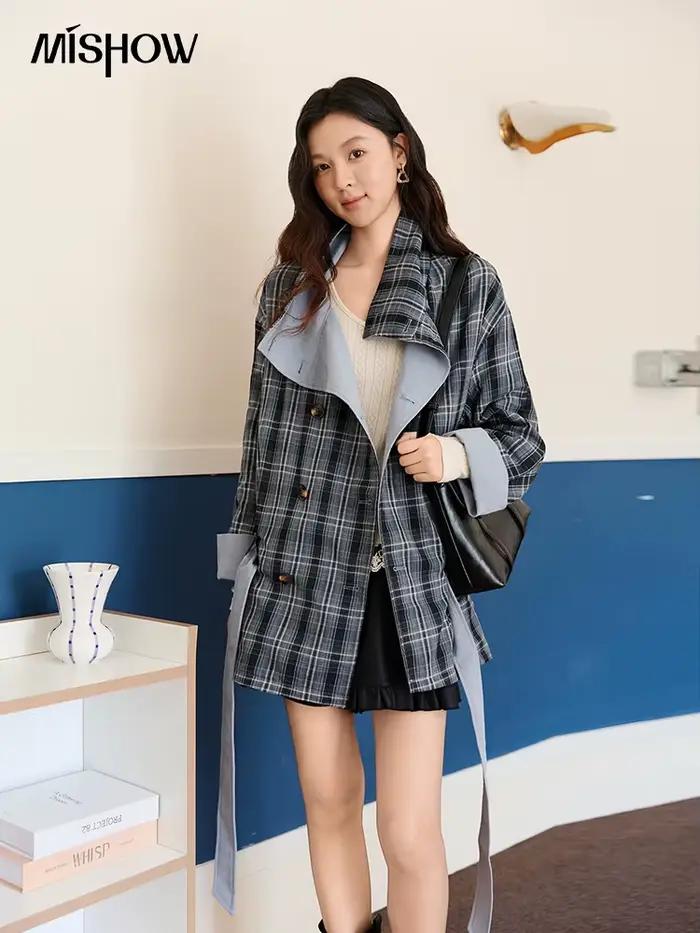 MISHOW Double face vêtements d'extérieur Trench pour femmes automne hiver 2025 bleu Plaid Patchwork diagonale patte