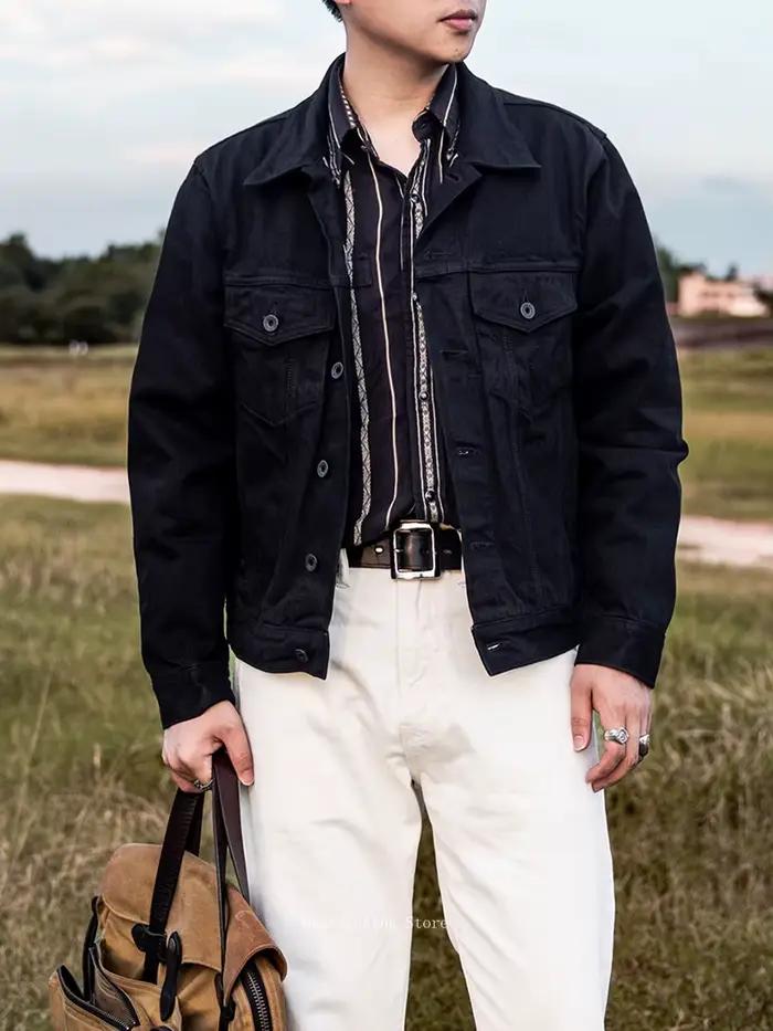 Veste de camionneur robuste en denim Tornado rouge pour hommes style vintage avec poches boutonnées et latérales adapté aux quatre saisons et aux voyages