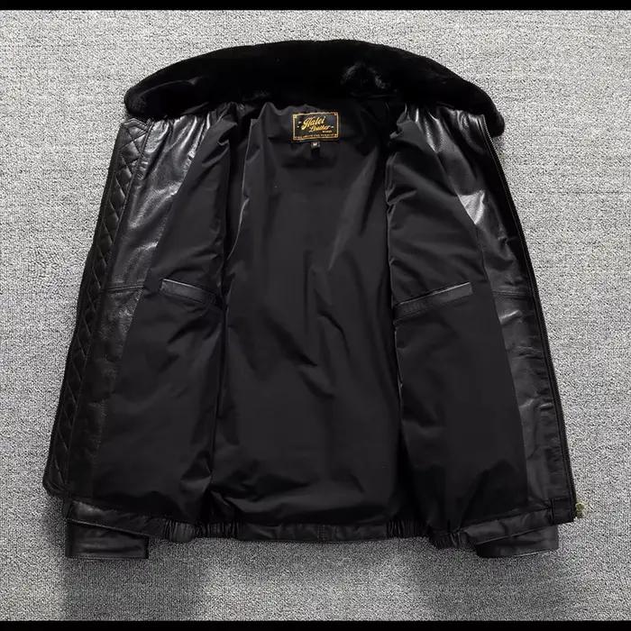 Doudoune en cuir noir pour homme, Style décontracté, grande taille 5XL, véritable peau de mouton naturelle, épais et chaud, col en laine, manteau en cuir, hiver