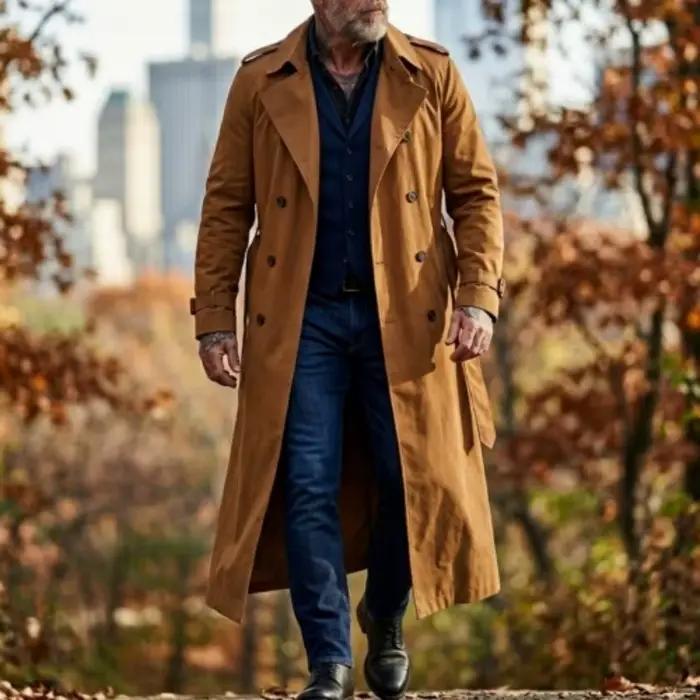 Nouveau Trench-coat pour homme, printemps automne, randonnée en plein air, coupe-vent à double boutonnage ; Veste coupe-vent décontractée extra-longue pour homme