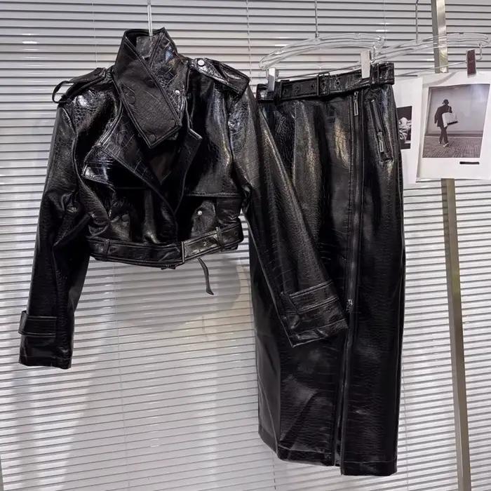 Veste courte en cuir PU KUCLUT avec col rabattu et patch-work pour femmes style moto et occasions spéciales