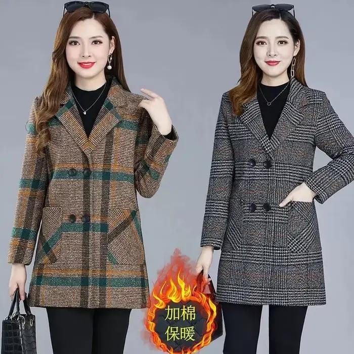 Nouveaux manteaux pour femmes d'âge moyen mode grille laine pardessus femme automne hiver