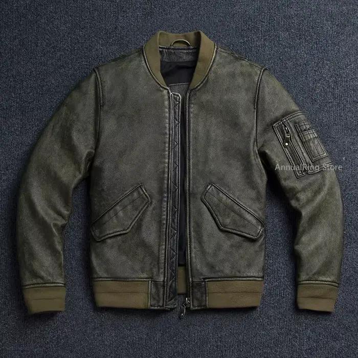 Veste en cuir rétro pour hommes, vert armée MA1, combinaison de vol en cuir de vache naturel, manteau court, vêtements d'équitation pour moto, nouvelle collection 2025