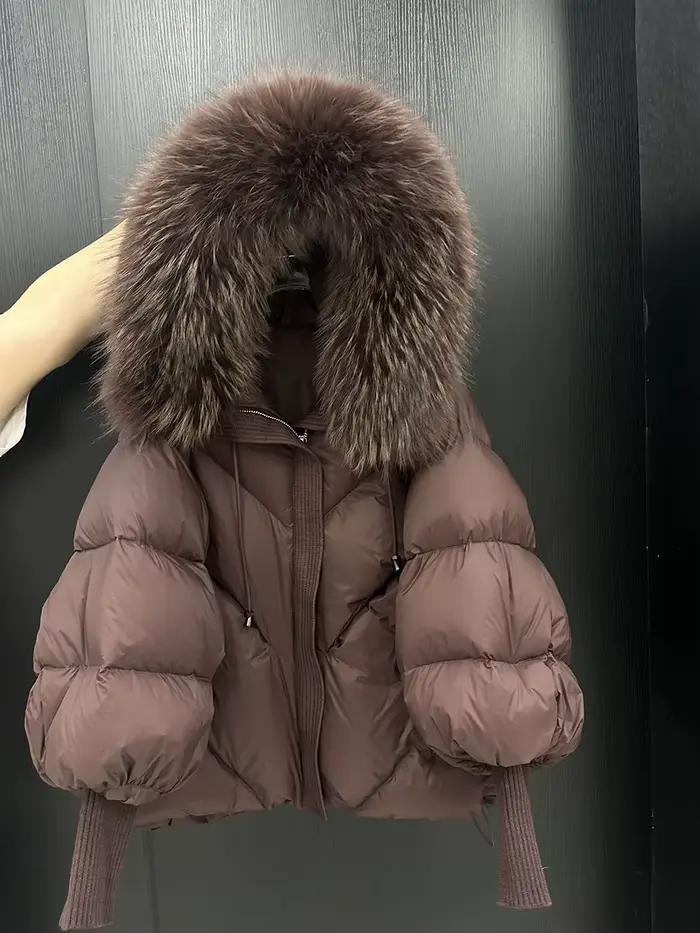 Hiver à capuche naturel grand col de fourrure doudoune femmes court blanc canard vers le bas vêtements d'extérieur femme lanterne manches chaud matelassé veste