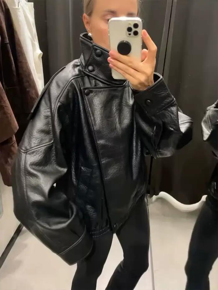 HH automne veste en simili cuir pour femmes décontracté solide fermeture éclair manches longues