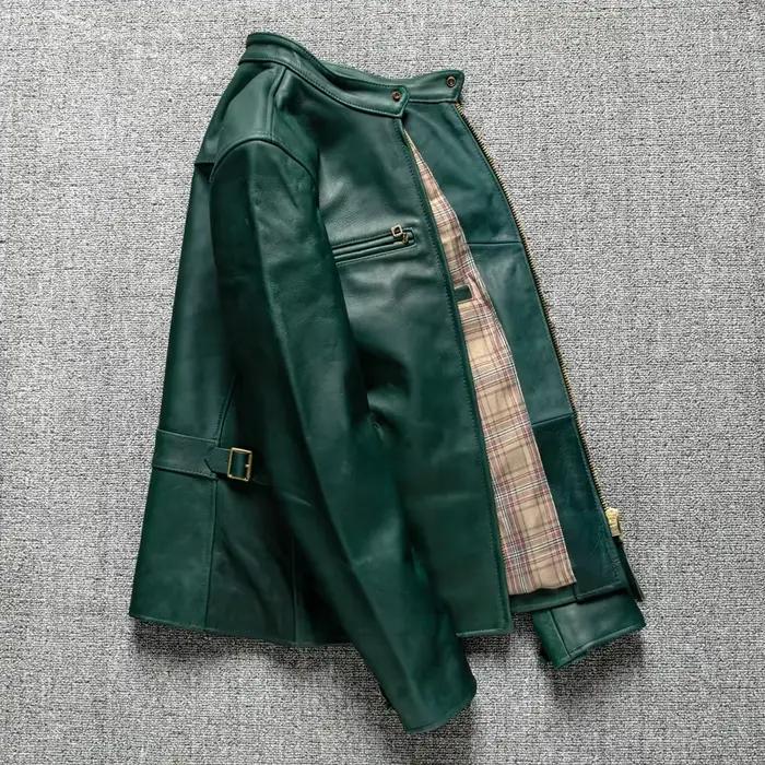 Veste d'hiver en cuir vert pour hommes, Style Vintage, grande taille 5XL, véritable cuir de cheval épais naturel, col montant, manteau en cuir ajusté, occase pour hommes, automne et hiver, design élégant, fermeture éclair, polyester, confort optimal
