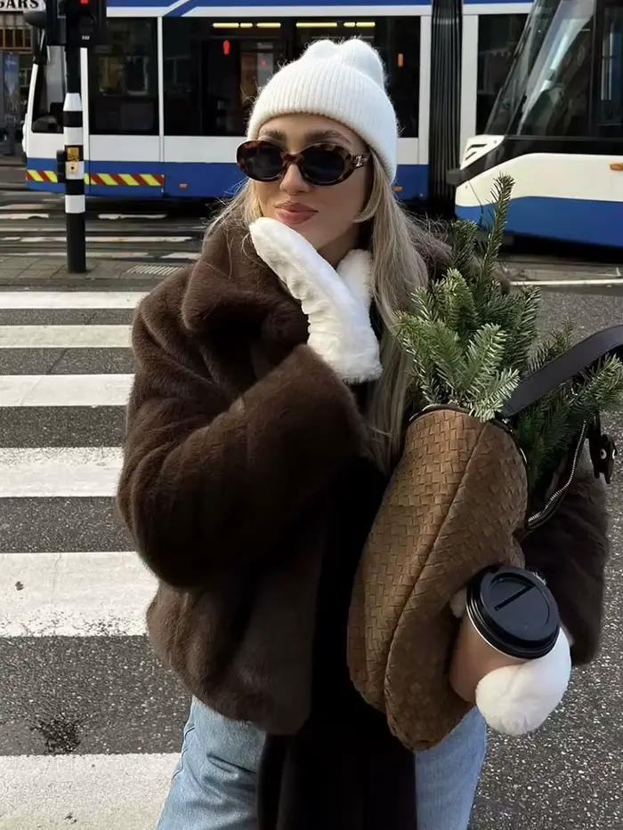HH femmes décontracté marron court fausse fourrure manteau col rabattu à manches longues veste 2025 automne hiver ample haute rue vêtements d'extérieur
