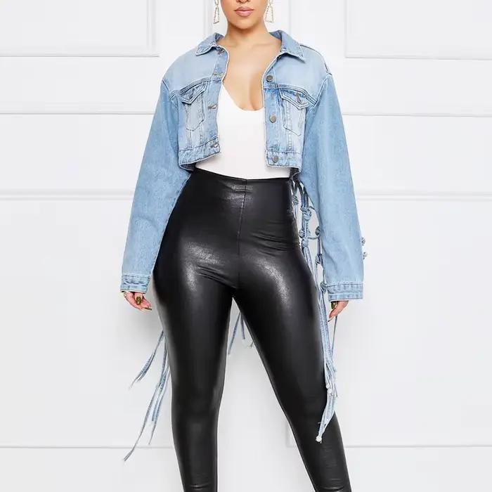 Veste en jean à pampilles à grille arrière en Y pour femmes, veste à manches longues, manteau en jean chic, pardessus à simple boutonnage, coupe couvertes