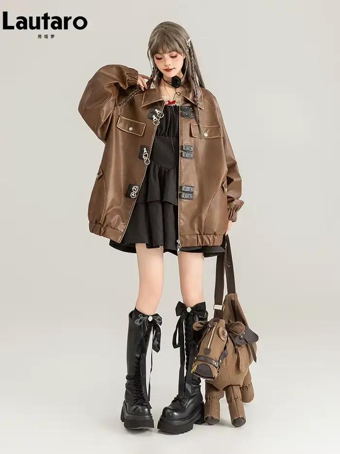 Veste en simili cuir PU marron pour femme, design vintage et luxueux, style épaule tombante, manches longues, fermeture éclair, confortable pour toutes les saisons, occasions spéciales et mode