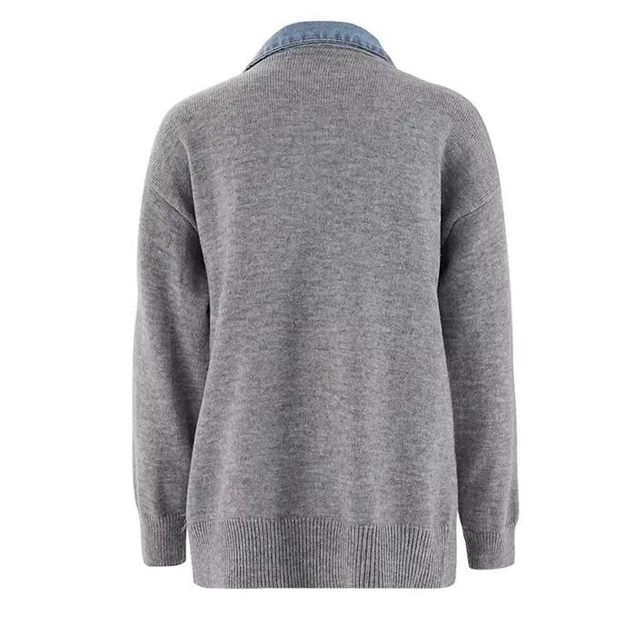 Veste pull en denim patchwork pour femme, manteau à col rabattu, poches, point ouvert, rue haute, mode, document solide pour femmes occassions estivales