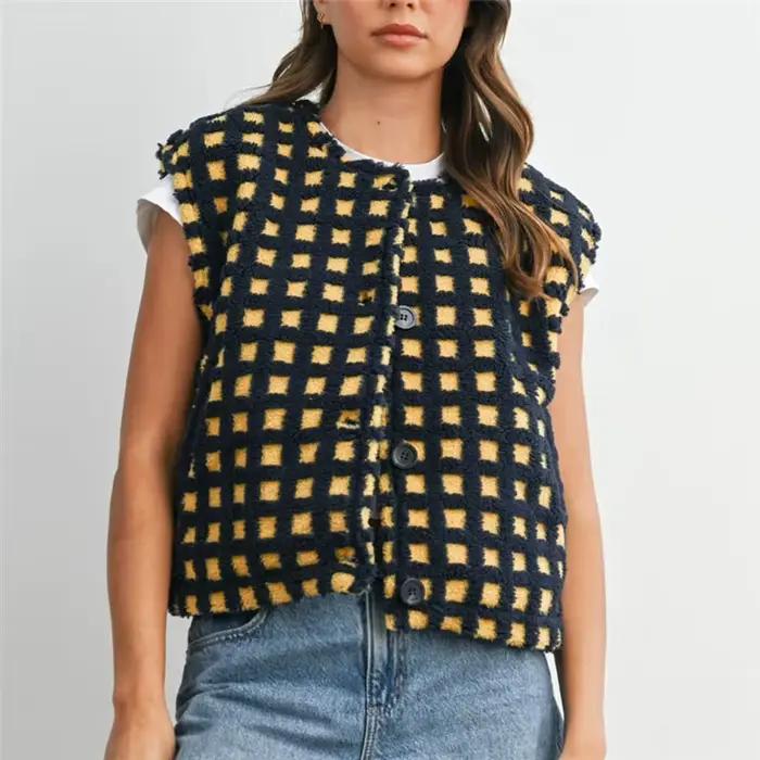 Manteaux gilet polaire pour femmes, printemps-automne, sans manches, col rond, motif écossais, boutonné complet, veste décontractée avec poches