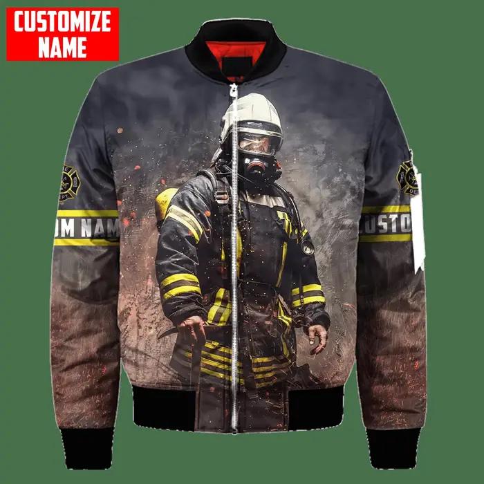 Homme Bomber Personnalisé Nom Brave Pompier 3D Imprimé Hiver Zipper Veste Casual Unisexe Harajuku Streetwear manteau FX-07