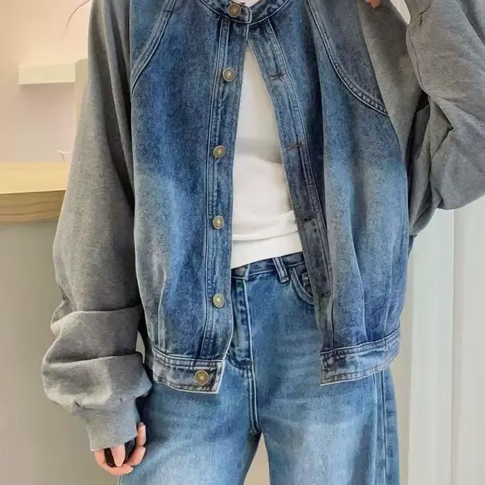 Faux deux-pièces assemblés Veste en jean pour femme, style européen, nouvelle collection printemps 2025, hauts amples et tendance pour femme