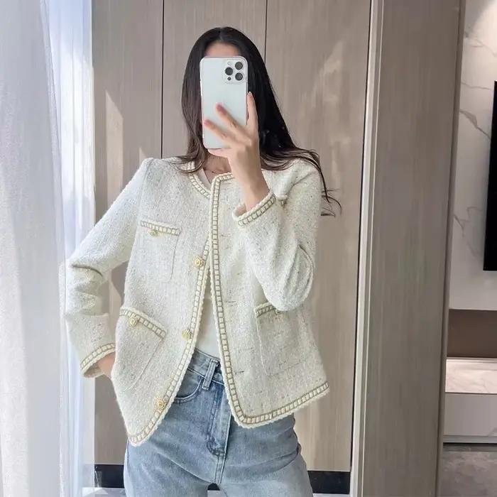 Manteau court en tweed pour femme, col rond, simple boutonnage, veste à carreaux adt, vêtements d'extérieur, nouveauté, 2024