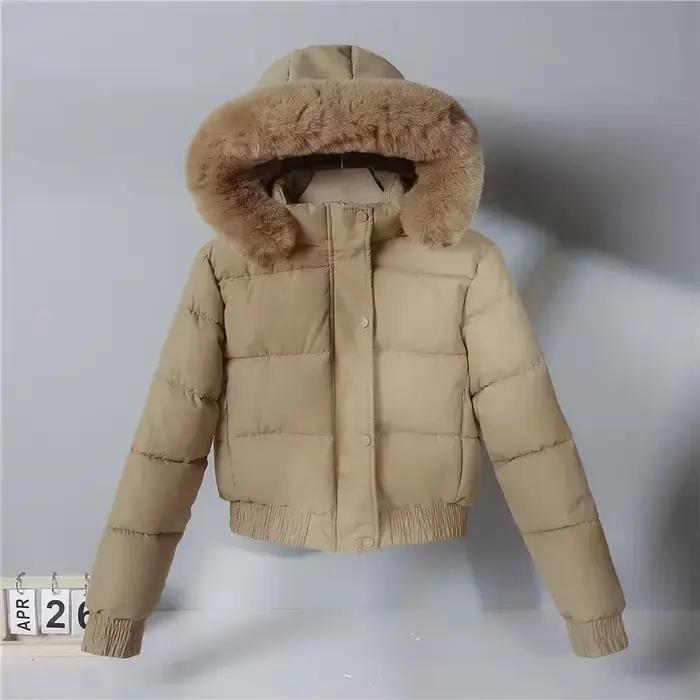 Veste d'hiver matelassée à capuche pour femme 2025, manteau épais en coton, chaud, style boulangerie, grand col en fourrure, veste en coton ample