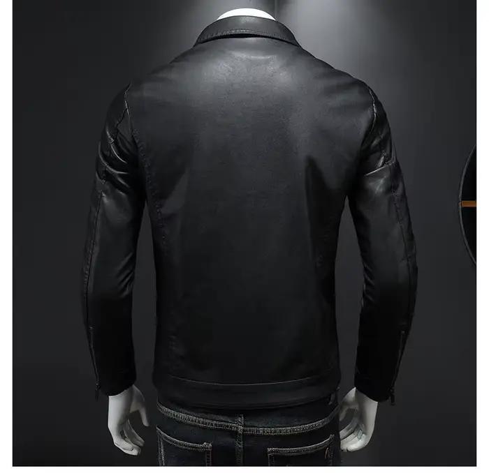 Veste en cuir pour moto pour homme, grande taille, poche noire, col à fermeture éclair, coupe slim coréenne, veste en cuir PU de haute qualité pour homme