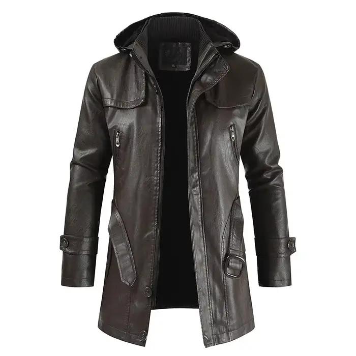 Manteau Long en cuir à capuche pour hommes