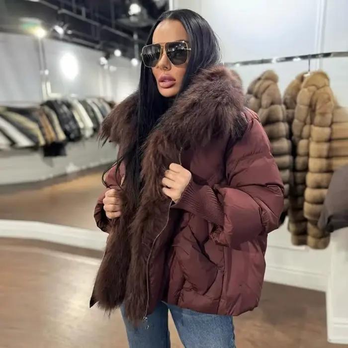 OFTBUY Nouveau Manteau d'hiver en fourrure de renard et de raton laveur véritable, grand modèle, pour femme, parka en duvet de plumes surdimensionnée, manches en tricot, veste en duvet de canard pour
