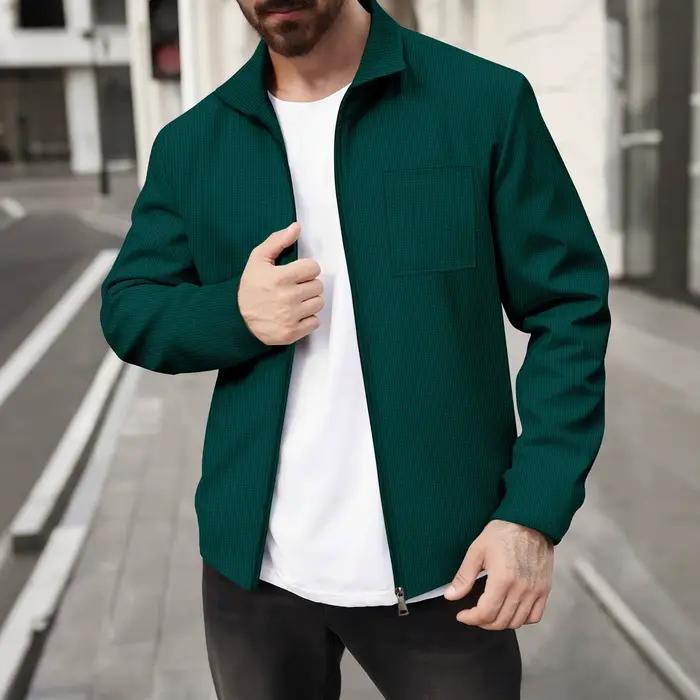 Veste zippée en tricot gaufré pour homme - Manteau léger décontracté à manches longues avec col rabattable et poche poitrine