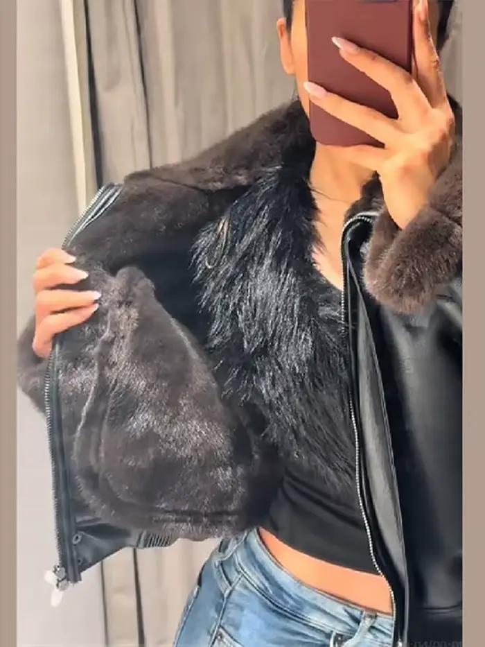 Manteaux pour femmes, veste en cuir patchwork en fausse fourrure